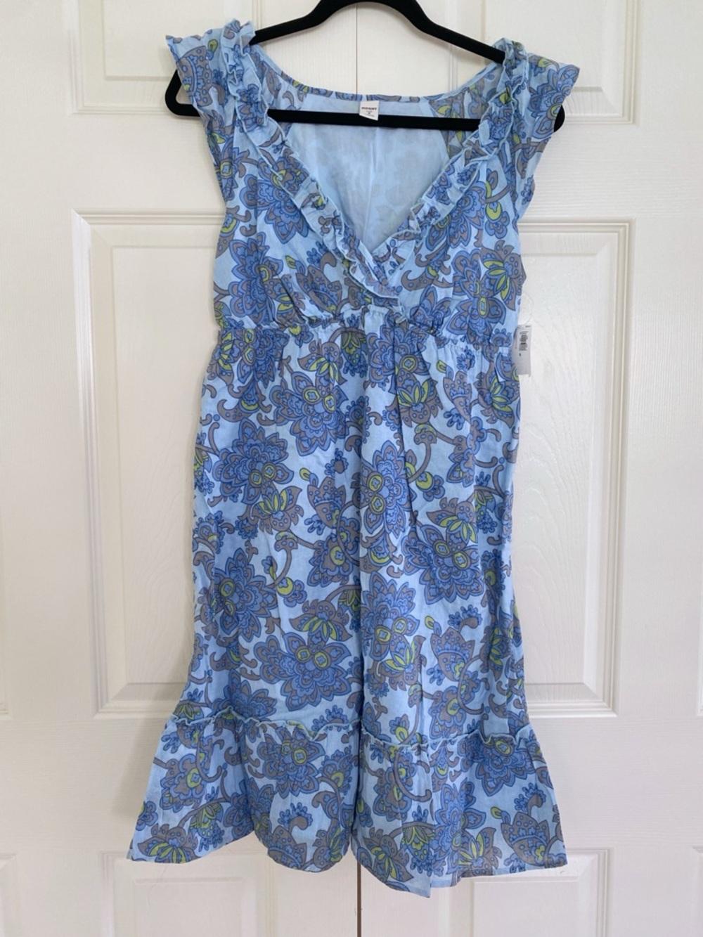 New Linen Cotton Blue Floral Dress Ruffle Cottage Prairie Empire Waist Babydoll
